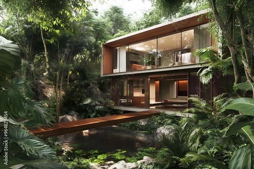 Modern Glass House with Wooden Bridge Over Pond in Lush Tropical Rainforest