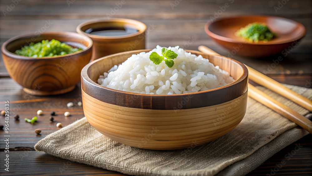Bowl of white rice with mint leaf and wooden table setting, accompanied by bowls of vegetables Bowl of white rice with mint leaf and wooden table setting, accompanied by bowls of vegetables