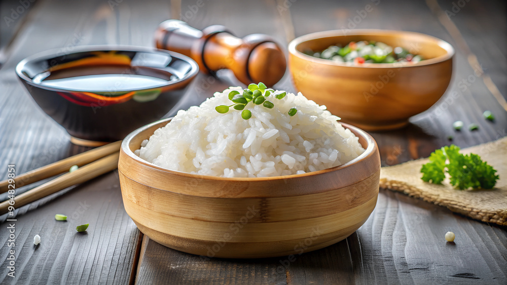 Bowl of white rice with green garnish and wooden table setting, accompanied by sauces and spices Bowl of white rice with green garnish and wooden table setting, accompanied by sauces and spices