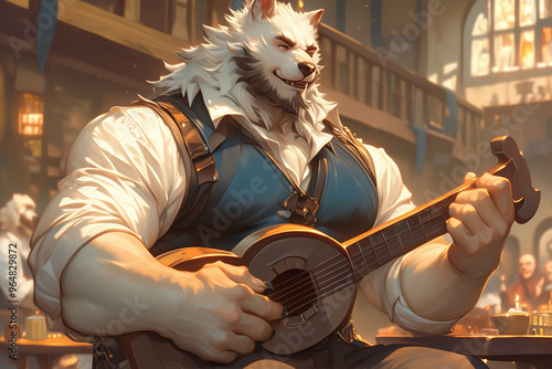 muscular wolf beastfolk bard playing a guitar in a busy tavern with adventurers watching his lively performance