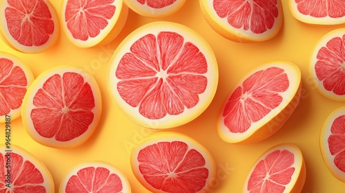 Fresh Sliced Grapefruit on Vibrant Yellow Background - Juicy Citrus Fruit Pattern photo