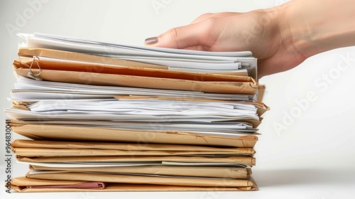 Business Hand Holding a Stack of Documents Isolated on White Background