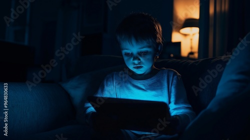 Little child playing video games with tablet in evening