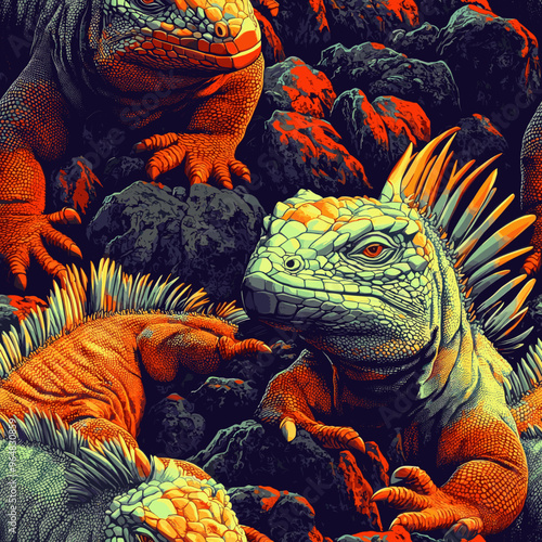 Vibrant illustration of iguanas with textured scales in orange and green hues, surrounded by dark rocks in a bold, artistic style