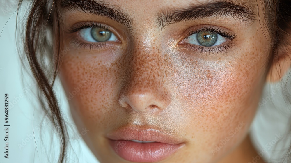 Close-Up Portrait of a Woman’s Face with Dry Skin, Small Pimples on Cheek, Focusing on Skin Texture and Color Near the Nose, Visible Pores, and Sad Expression, Beauty Salon Concept Close-Up Portrait of a Woman’s Face with Dry Skin, Small Pimples on Cheek, Focusing on Skin Texture and Color Near the Nose, Visible Pores, and Sad Expression, Beauty Salon Concept