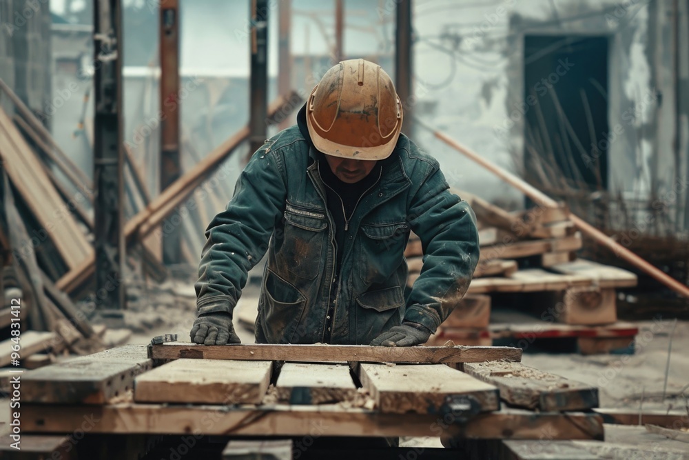 A person in a hard hat is engaged in carpentry or woodworking, possibly repairing or crafting something A person in a hard hat is engaged in carpentry or woodworking, possibly repairing or crafting something
