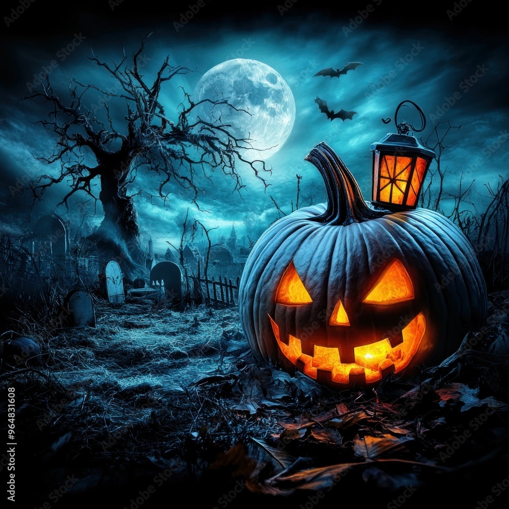 Fototapeta premium Spooky Halloween Night with Glowing Pumpkins and Full Moon. Generative ai
