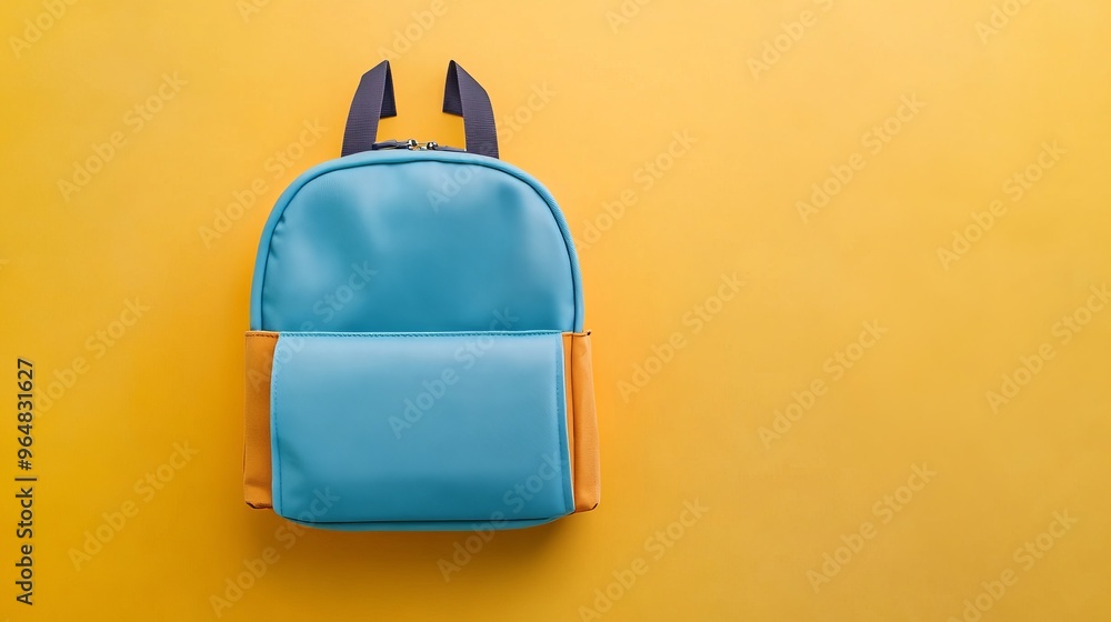 School backpack for children in blue and yellow colors, designed in a flat style and meant for school supplies School backpack for children in blue and yellow colors, designed in a flat style and meant for school supplies