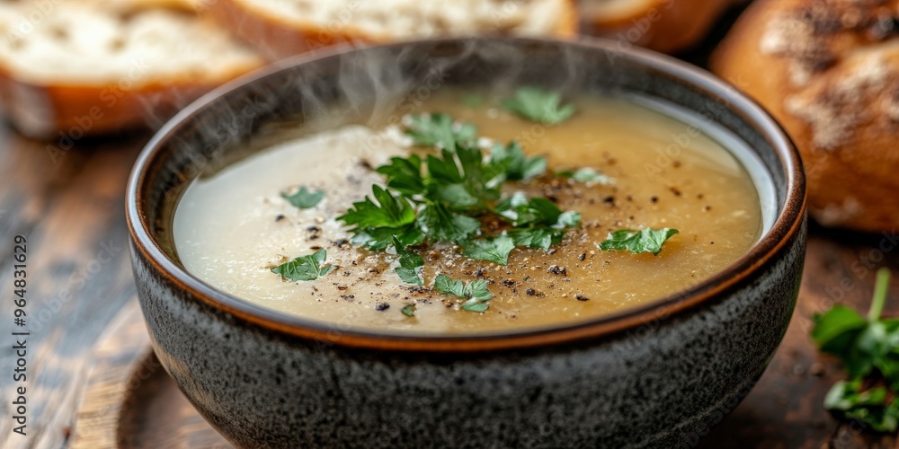 Steaming Chicken Broth with Fresh Parsley on Rustic Table Steaming Chicken Broth with Fresh Parsley on Rustic Table