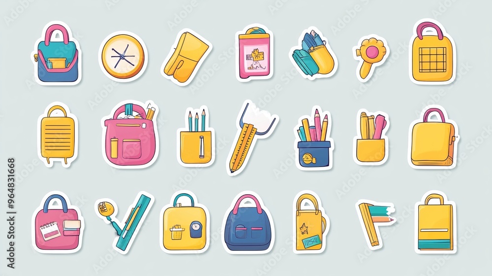 School bag stickers icon set, designed for school supplies with various icons School bag stickers icon set, designed for school supplies with various icons