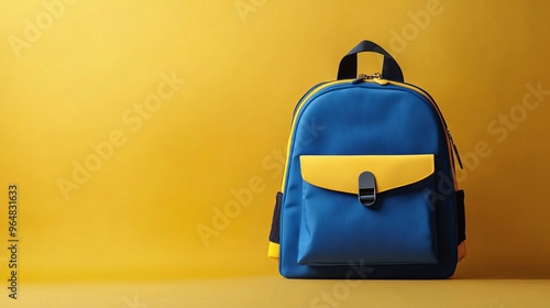 School backpack for children in blue and yellow colors, designed in a flat style and meant for school supplies