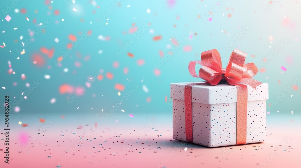 Fototapeta premium Elegant Gift Box with Pink Ribbon Amidst Falling Confetti on Pastel Gradient Background