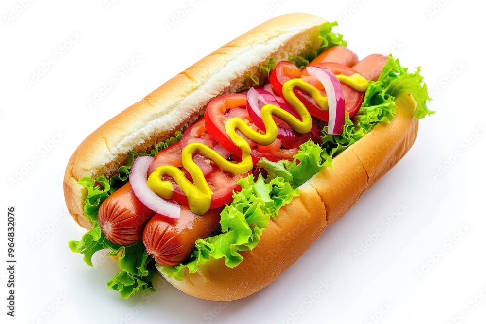A juicy hot dog topped with ketchup, tomatoes, onions, and lettuce A juicy hot dog topped with ketchup, tomatoes, onions, and lettuce
