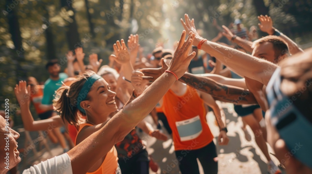 Fototapeta premium Group of people forming a human chain, hands held high
