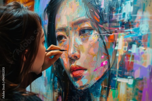 A talented artist intently works on a colorful portrait of a young woman, blending hues and details in a relaxed studio ambiance filled with creativity.