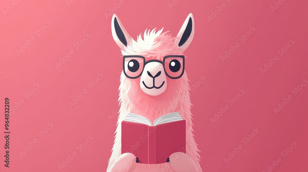Fototapeta premium Adorable Llama with Glasses Reading a Book on Pink Background - Cute and Funny Animal Stock Image