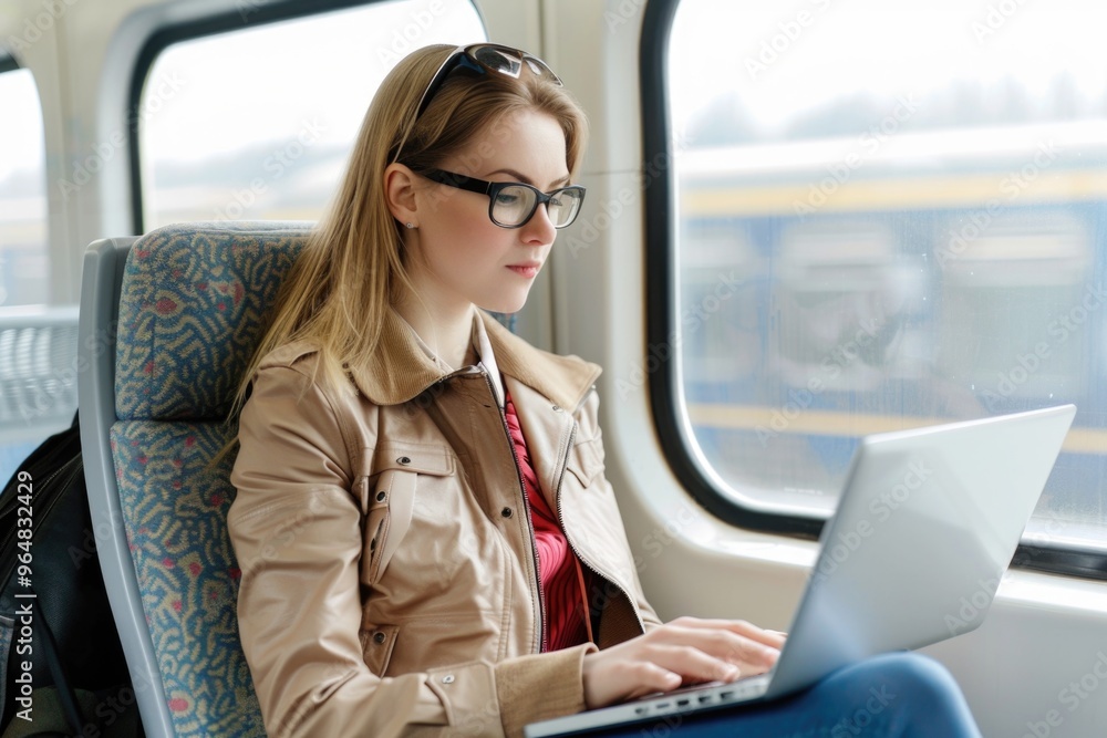 A person uses a laptop on a moving train, suitable for office work or online communication A person uses a laptop on a moving train, suitable for office work or online communication