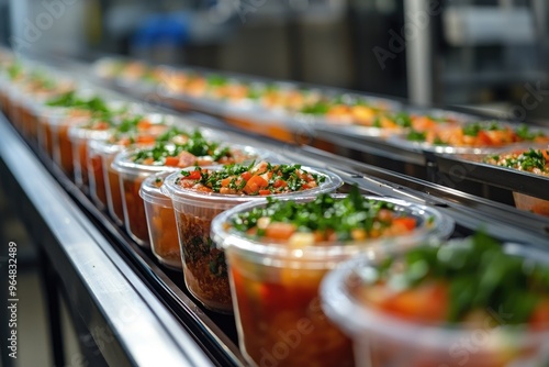Fototapeta Naklejka Na Ścianę i Meble -  Fresh Salad Containers on Assembly Line in Food Processing Plant for Healthy Ready-to-Eat Meals
