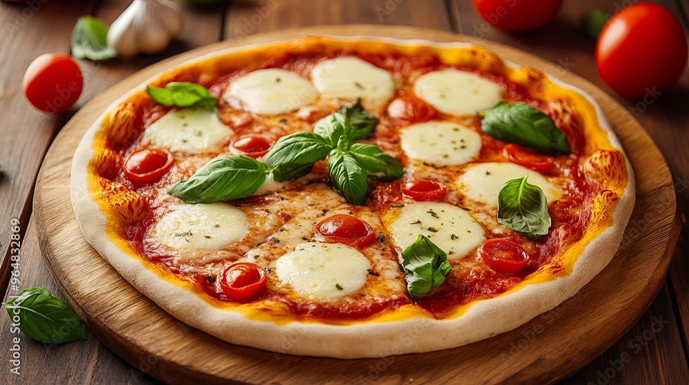 A yummy Margherita pizza with all its ingredients, ready to be enjoyed on a wooden table. A yummy Margherita pizza with all its ingredients, ready to be enjoyed on a wooden table.