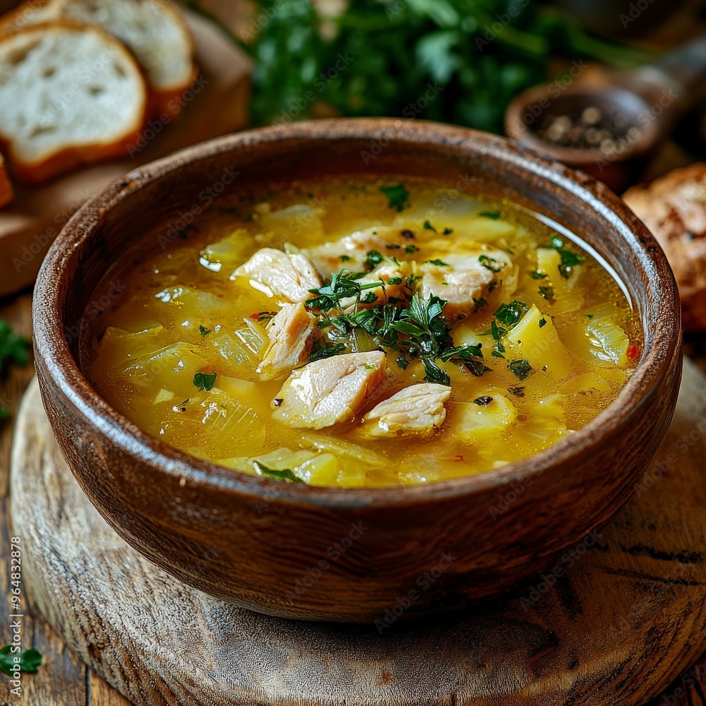 Steaming Chicken Broth with Fresh Parsley on Rustic Table Steaming Chicken Broth with Fresh Parsley on Rustic Table