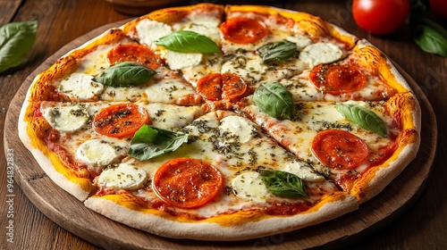 A yummy Margherita pizza with all its ingredients, ready to be enjoyed on a wooden table.