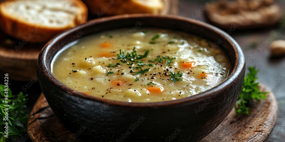 Steaming Chicken Broth with Fresh Parsley on Rustic Table Steaming Chicken Broth with Fresh Parsley on Rustic Table