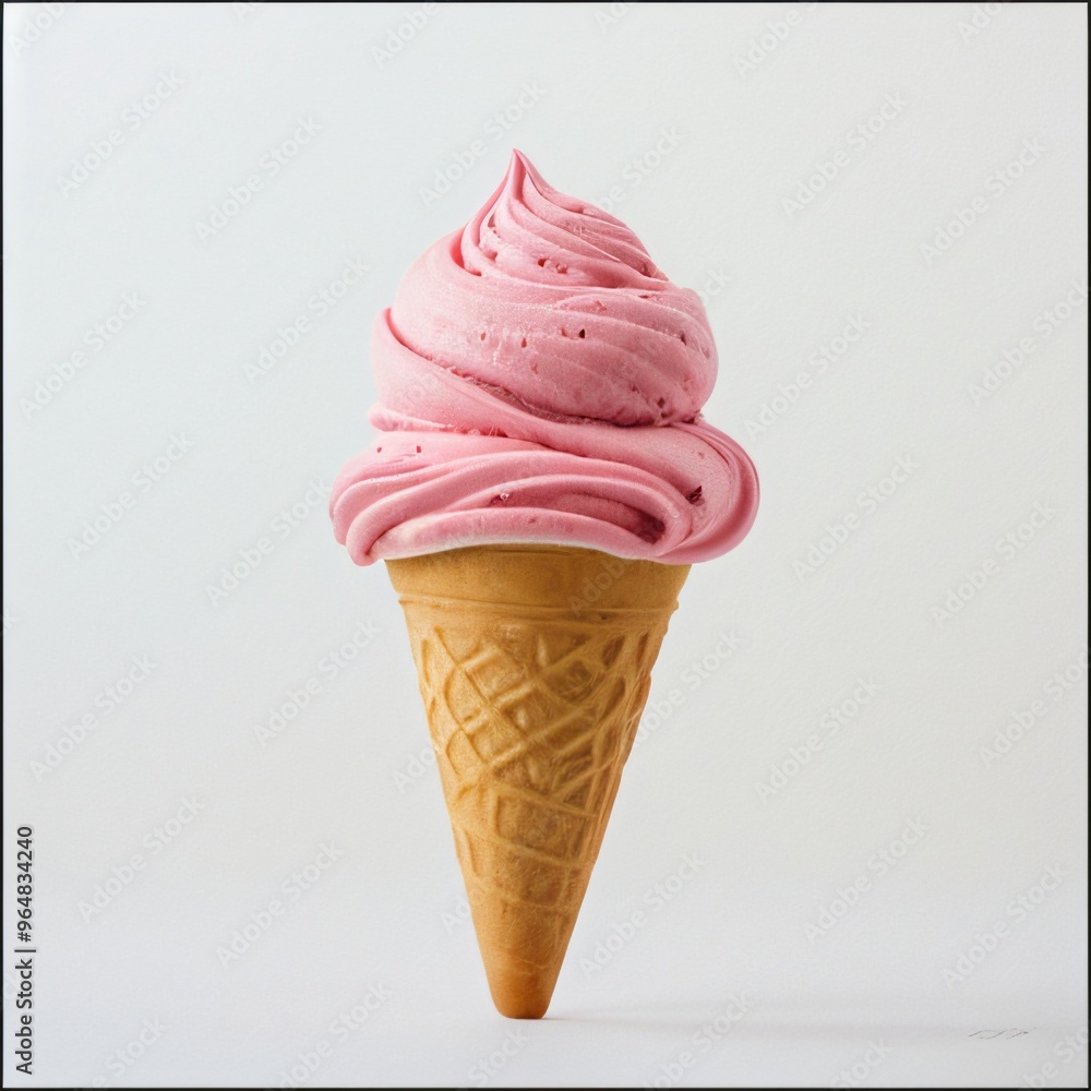 Pink soft serve ice cream in a cone on white background.. Pink soft serve ice cream in a cone on white background..