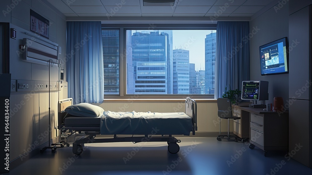 Fototapeta premium Modern hospital rooms with medical equipment and light. AI generated image