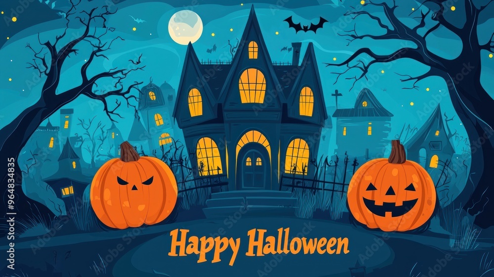 Fototapeta premium Flat Vector Illustration of Halloween Night Background with Haunted House, Pumpkin and Scary Tree with Text