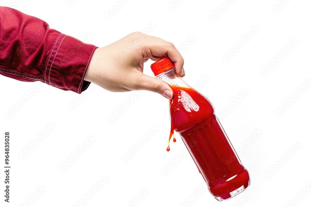 Naklejka premium A person grasping a bottle of red liquid in a straightforward manner