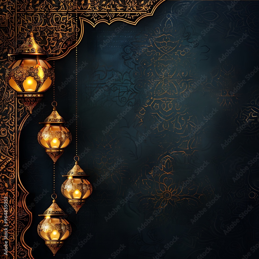 Ornate Golden Lanterns with Intricate Patterns on Dark Blue Background Ornate Golden Lanterns with Intricate Patterns on Dark Blue Background