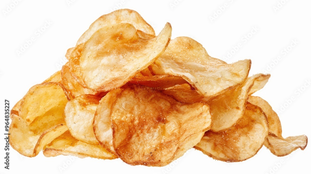 A pile of crispy potato chips on a white background, perfect for food photography or packaging design A pile of crispy potato chips on a white background, perfect for food photography or packaging design
