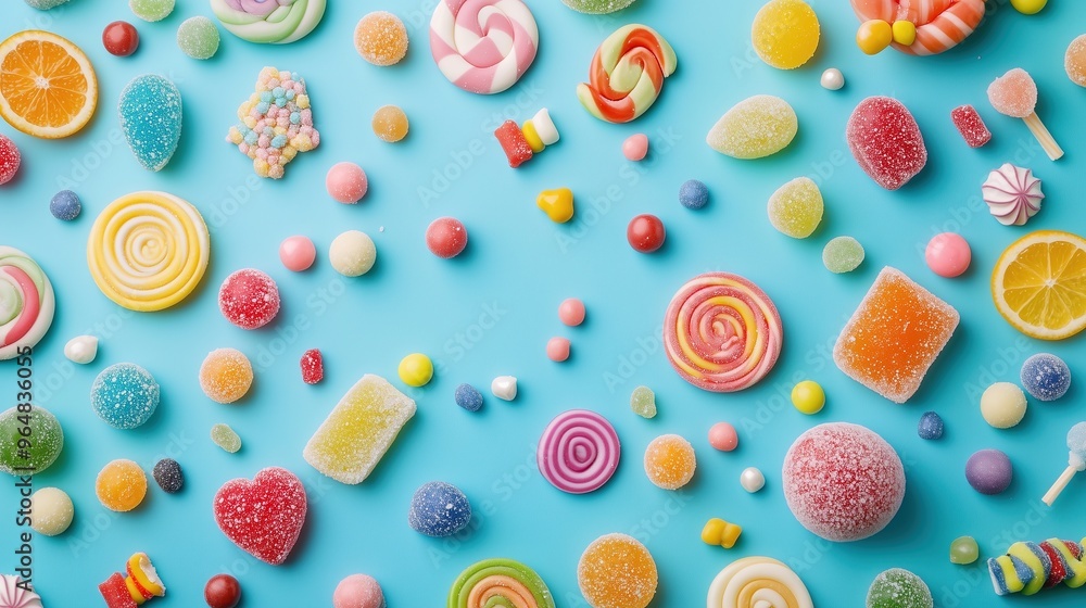 A vibrant flat lay of assorted candies and sweets A vibrant flat lay of assorted candies and sweets