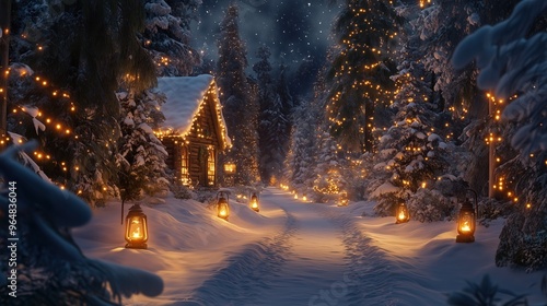 A snowy forest path lit by lanterns