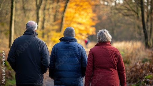 Three elderly people walking in forest during autumn.