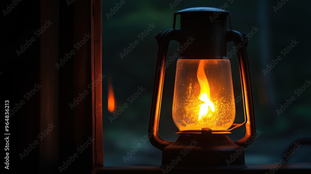Glowing flame illuminates old lantern lighting up Glowing flame illuminates old lantern lighting up