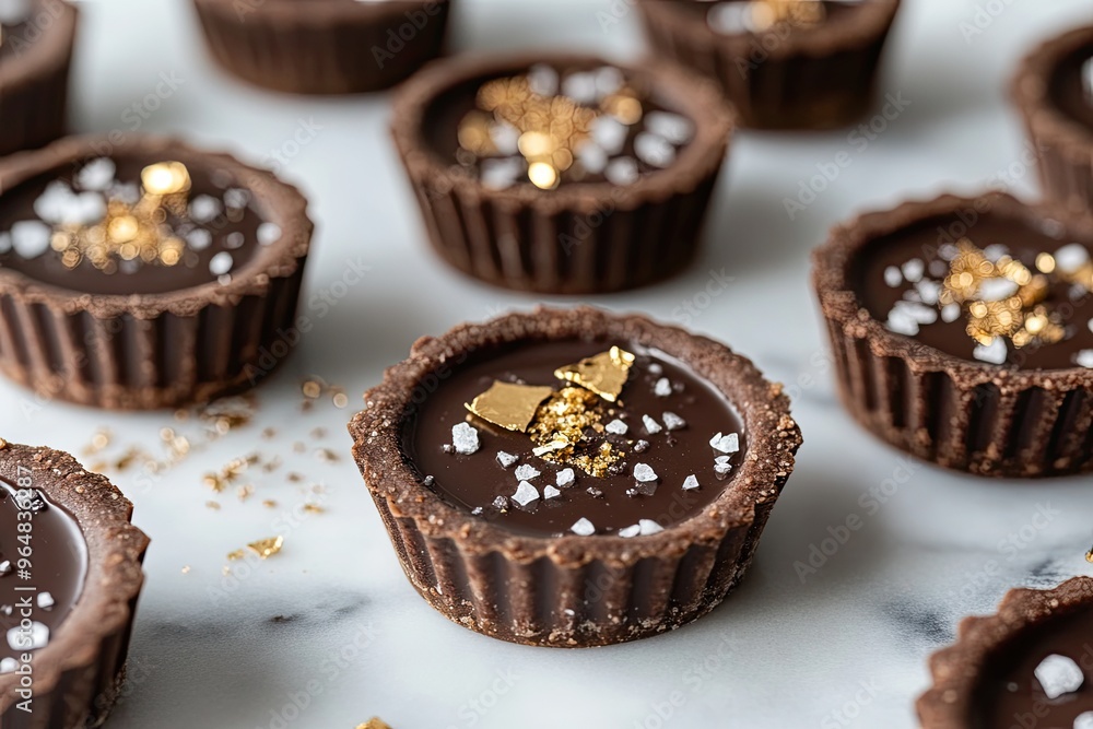 Small chocolate tarts with a sprinkle of sea salt and a garnish of gold leaf, served on a marble slab Small chocolate tarts with a sprinkle of sea salt and a garnish of gold leaf, served on a marble slab