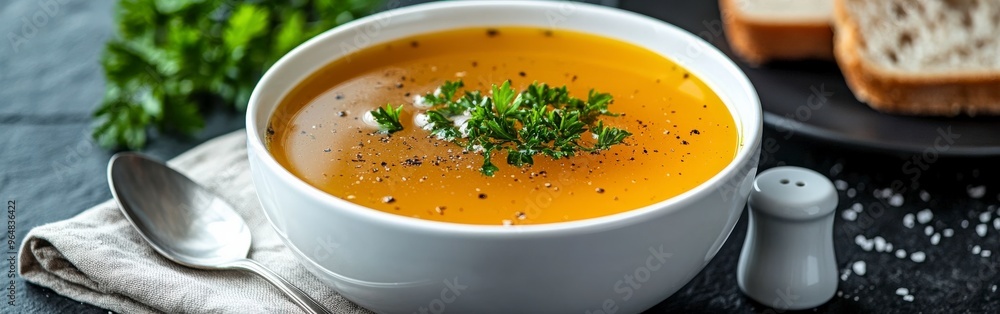 Steaming Chicken Broth with Fresh Parsley on Rustic Table Steaming Chicken Broth with Fresh Parsley on Rustic Table