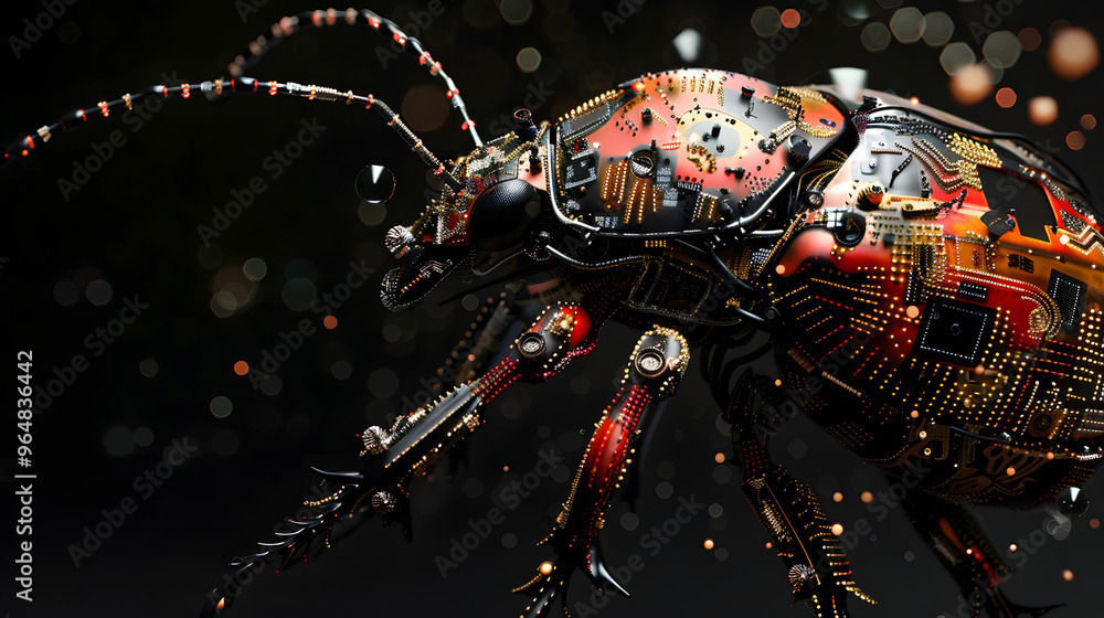 Fotografie Micro-circuitry of a cybernetic insect and components functioning as bio-electro