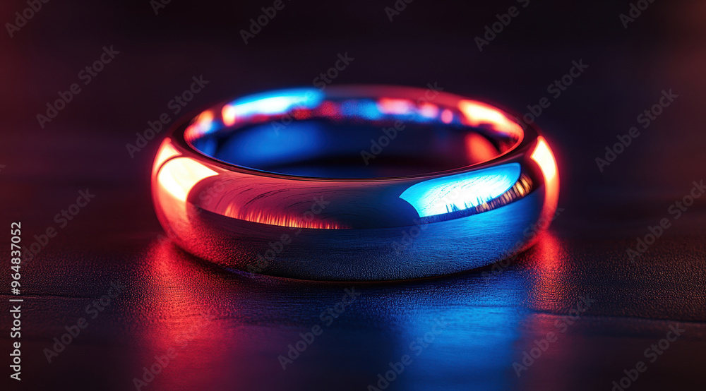 Glowing metallic ring on a dark reflective surface Glowing metallic ring on a dark reflective surface