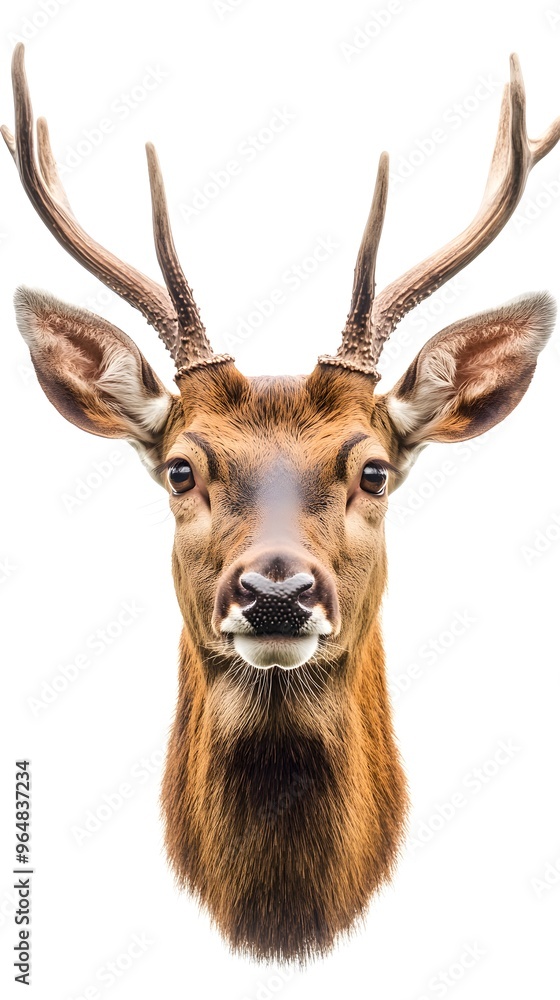 Regal deer head displayed with its antlers on pure white background Regal deer head displayed with its antlers on pure white background