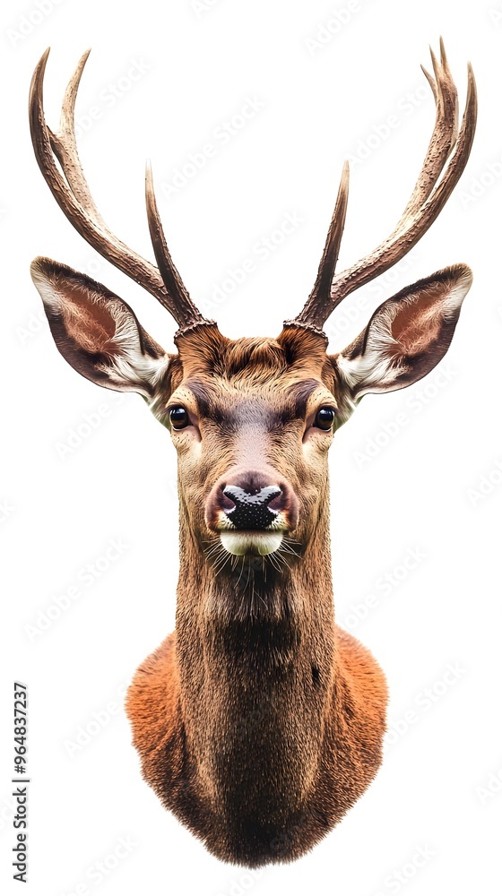 Fototapeta premium Strong antlers crown the deer head, isolated on a white field