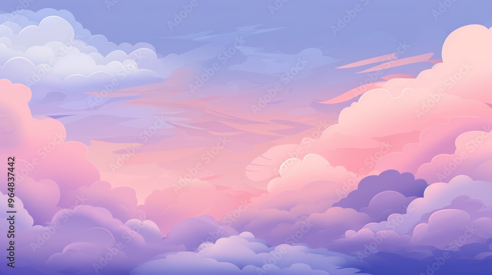 Serene Sunrise Sky with Fluffy Pink Clouds. Digital Art Cloudscape. Calm, Peaceful and Tranquil Atmosphere. Serene Sunrise Sky with Fluffy Pink Clouds. Digital Art Cloudscape. Calm, Peaceful and Tranquil Atmosphere.