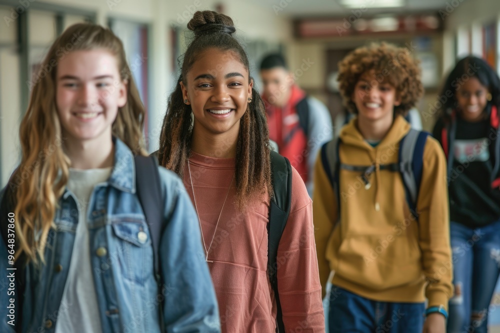 A group of students walking together in a school hallway, suitable for use in educational or social media contexts A group of students walking together in a school hallway, suitable for use in educational or social media contexts