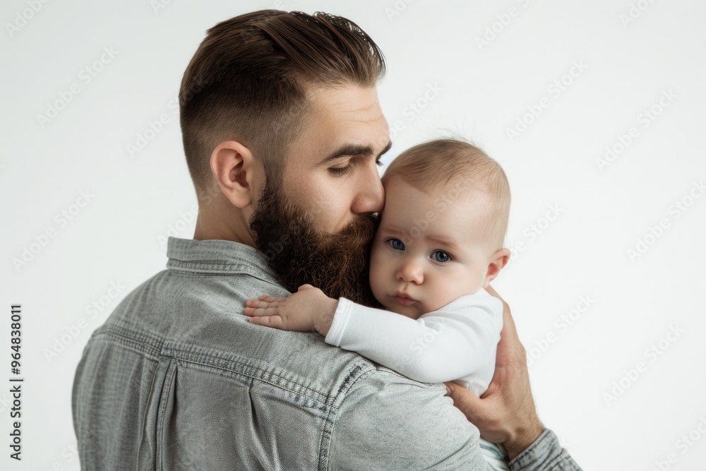 A father holds his newborn baby close, conveying love and care A father holds his newborn baby close, conveying love and care