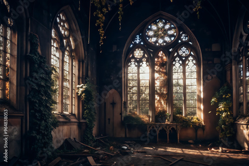 A deserted church covered with vines and weeds, with sunlight streaming through dilapidated windows.