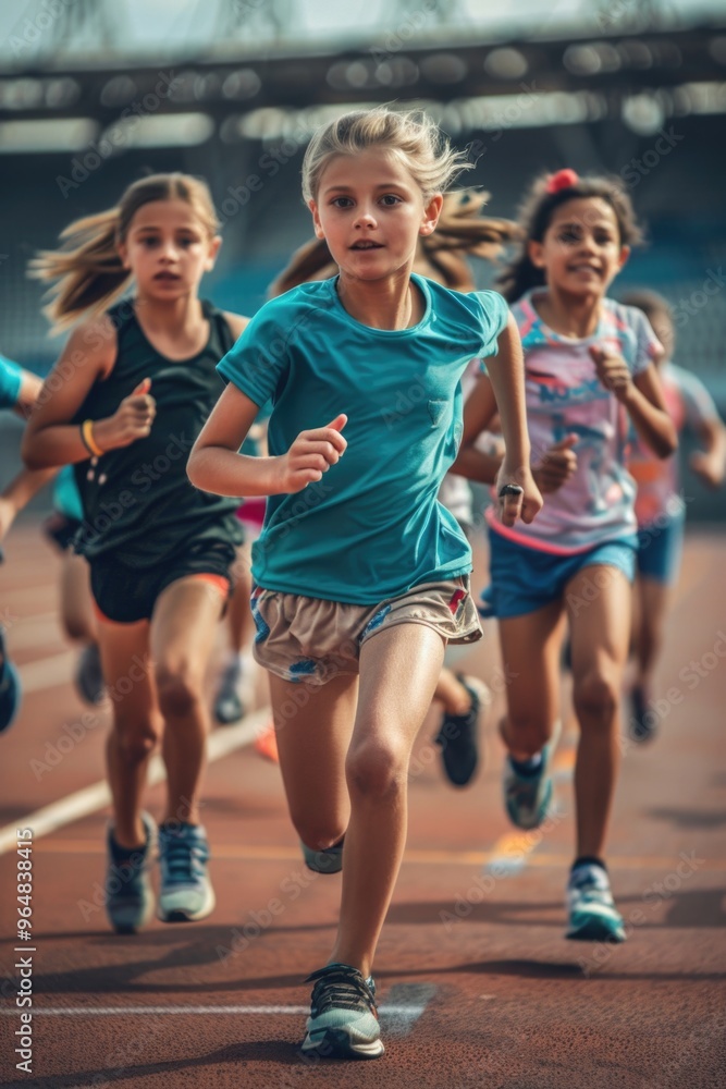 Obraz premium Group of young girls running on a track