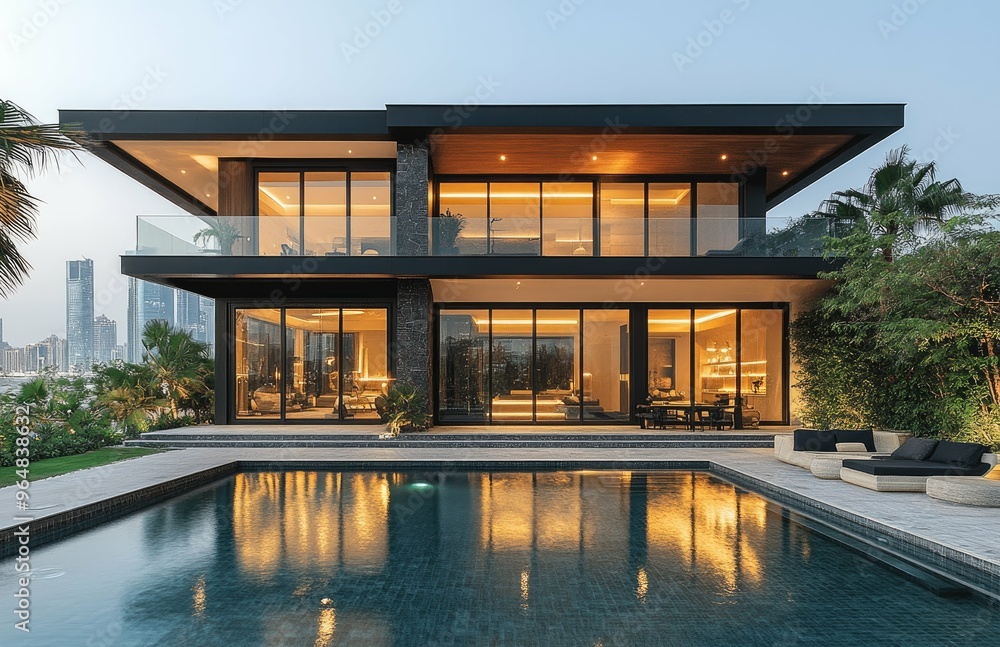 Fototapeta premium Luxury house with glass wall and swimming pool. Created with Ai