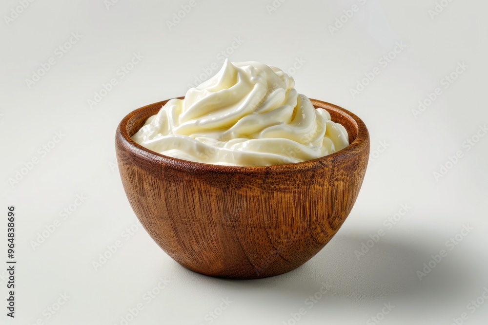 A wooden bowl filled with whipped cream on a table, perfect for desserts or snacks A wooden bowl filled with whipped cream on a table, perfect for desserts or snacks