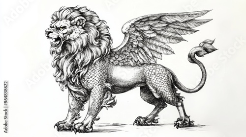 In a vintage drawing or engraving style, this line art depicts a rampant griffin
